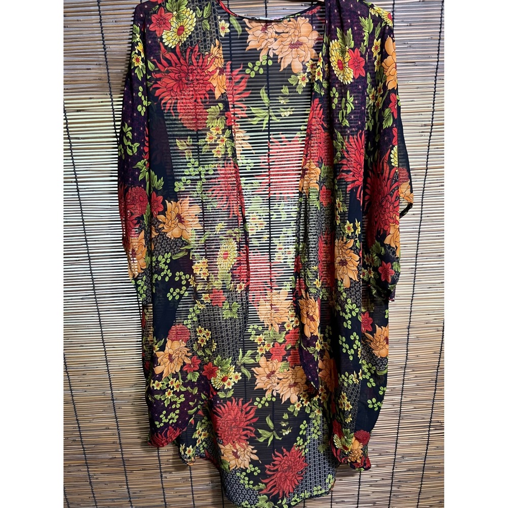 Love Squared Floral Kimono Wrap Cardigan Black Red Orange Sheer Burnout OS A20